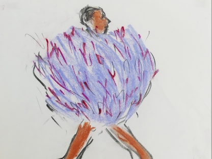 Drawing of woman in feather dress by Richard Haines